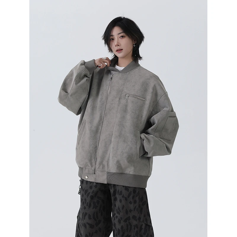 LlGGlCC高级感水洗皮衣外套男女同款美式高街宽松棒球服潮流夹克
