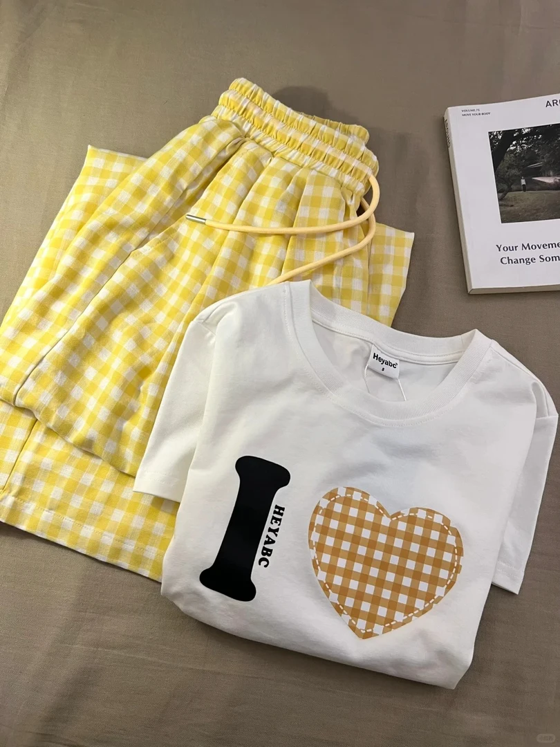 2025夏季爱心印花睡衣套装女短袖黄色格子裤家居服可外穿甜妹套装