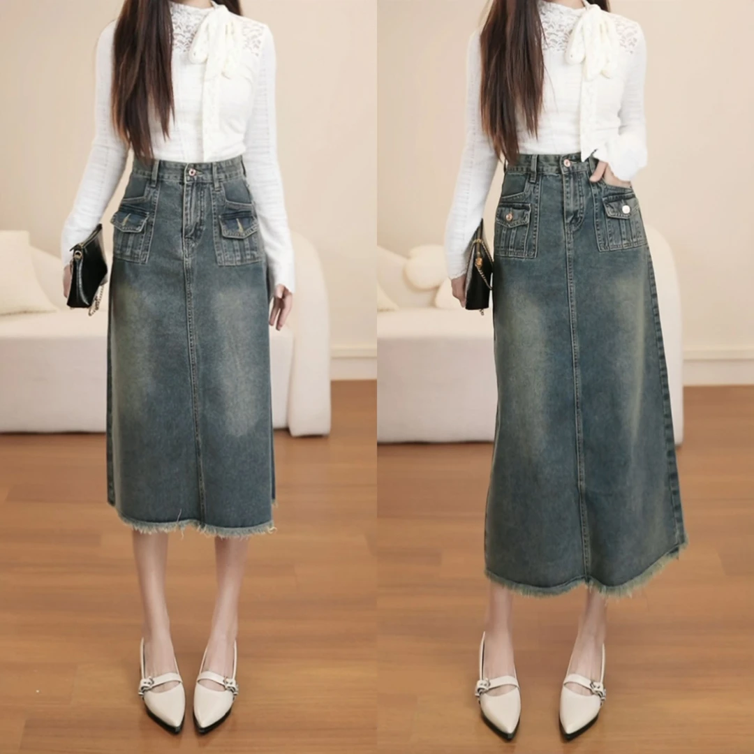 卡多琳春秋个性口袋设计中长款不开叉毛边设计水泥灰牛仔A字裙926