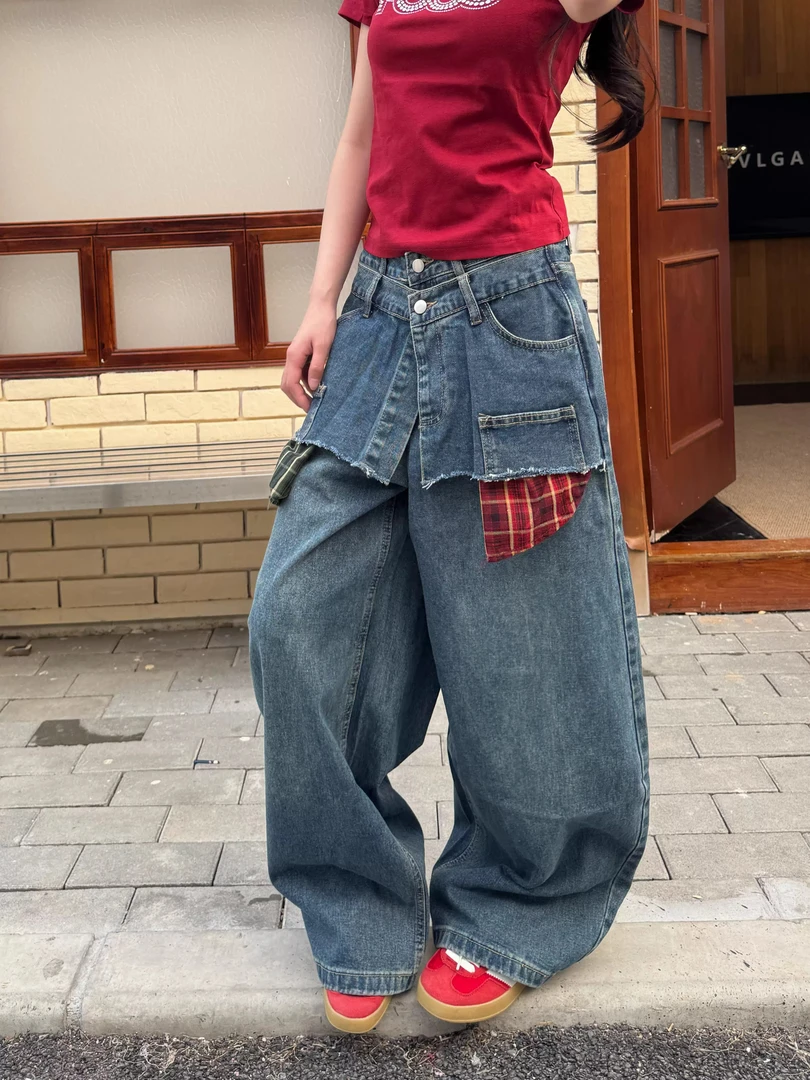 裤裙一体假两件牛仔裤女美式双腰头格子拼接设计感宽松阔腿弯刀裤