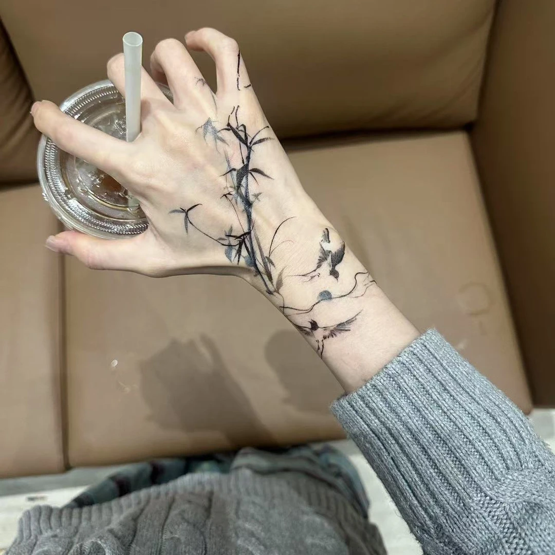 水墨竹子喜鹊 ins彩色纹身贴手背防水女持久高级感甜酷逼真