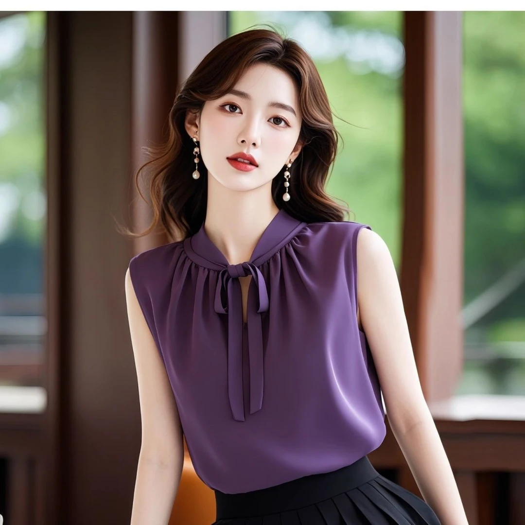 法式轻熟紫色背心无袖衬衫女设计感小众夏季独特别致绑带绝美上衣