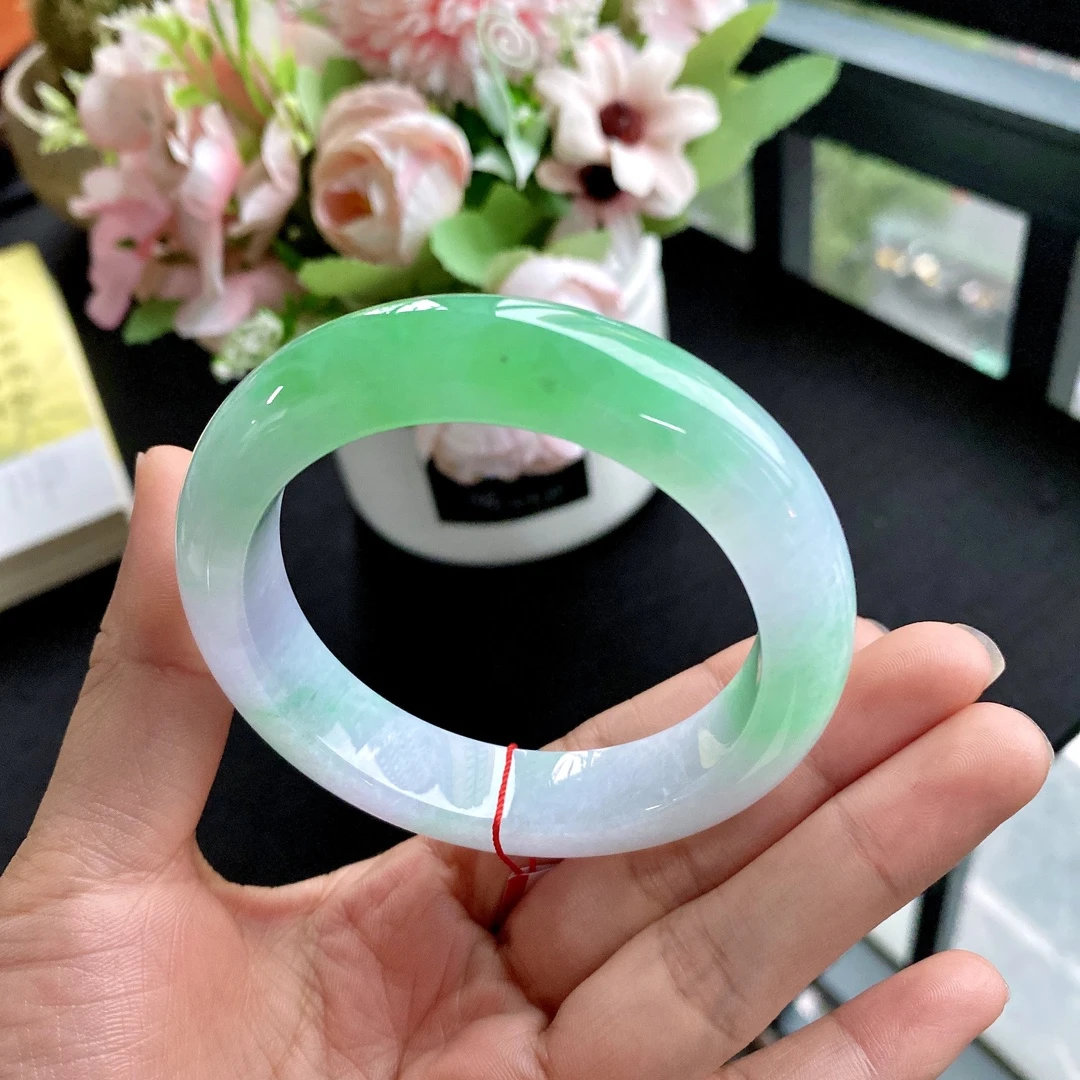 圈口54缅甸老坑A货冰糯种阳绿正圈翡翠手镯