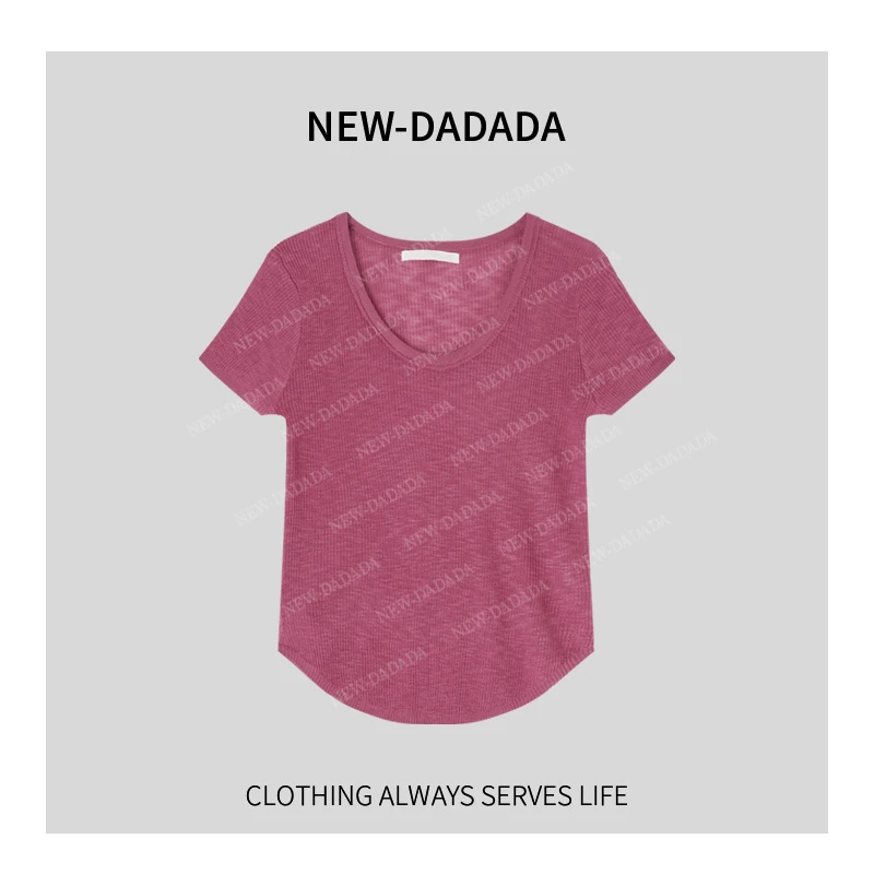 清清利达NEWDADAD纯欲紧身短袖上衣设计感低U领辣妹螺纹T恤SDK898