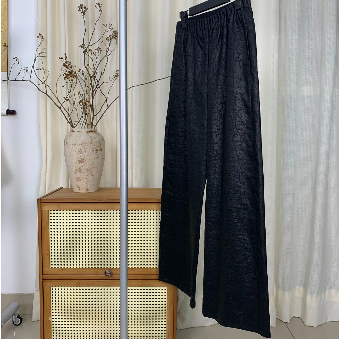 黑色香云纱龟纹薯片腰直筒裤气质时尚中式松紧腰百搭