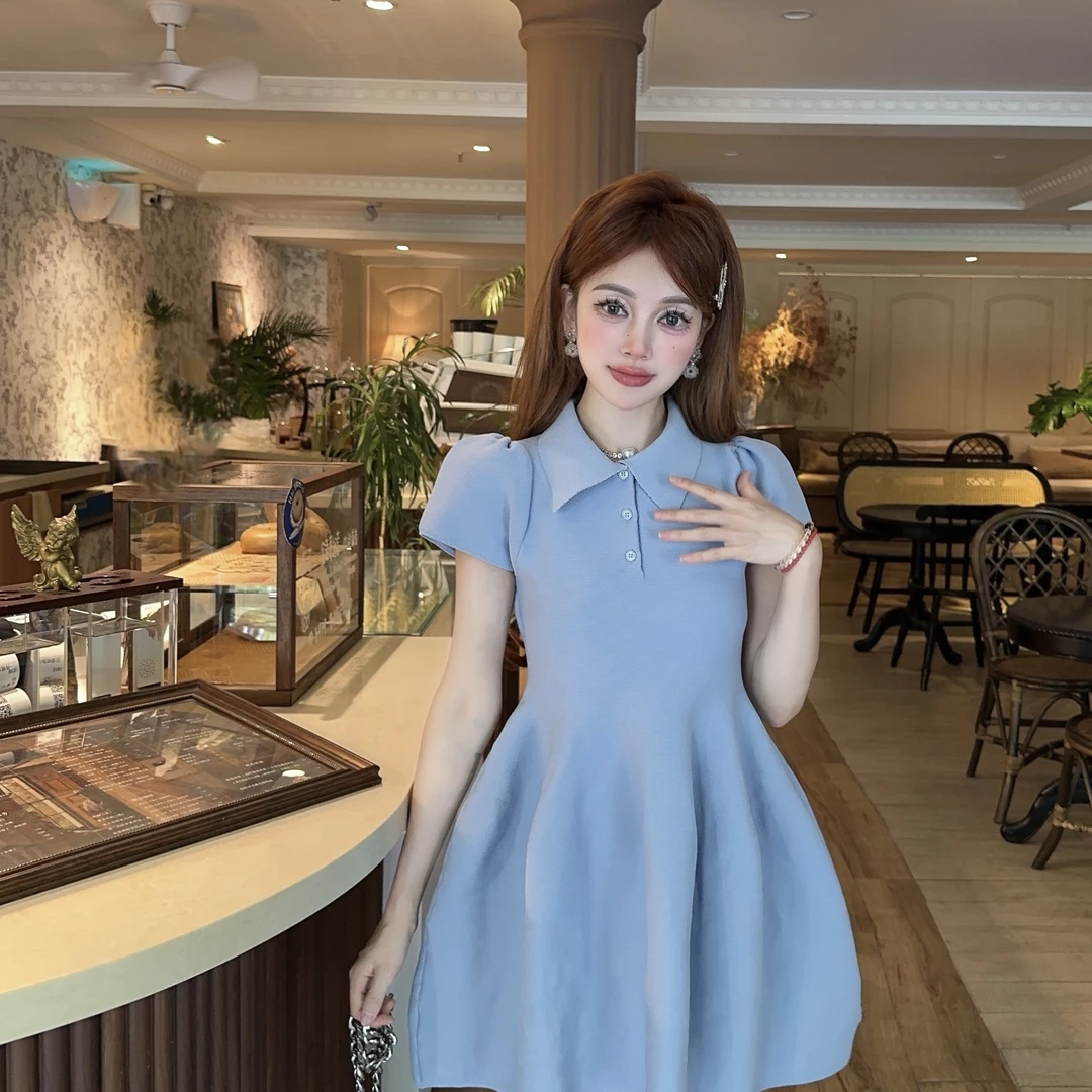 衬衫领弹力娃娃裙2025夏季新款设计感收腰显瘦蓬蓬a字短裙连衣裙