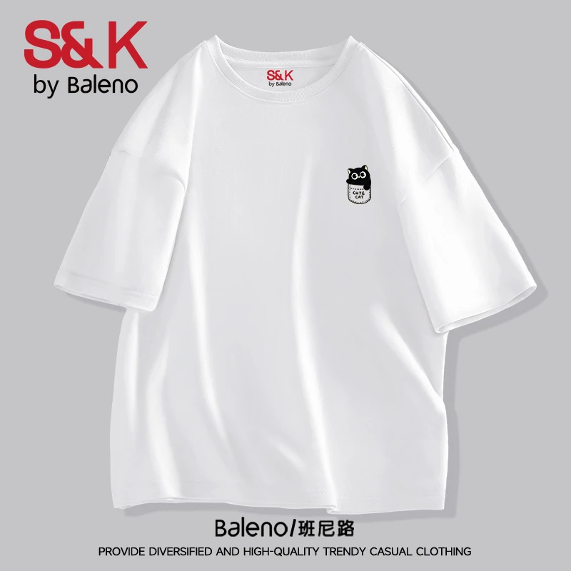 班尼路男装t恤短袖夏季重磅纯棉白色猫咪印花体恤2025夏季新款PCB