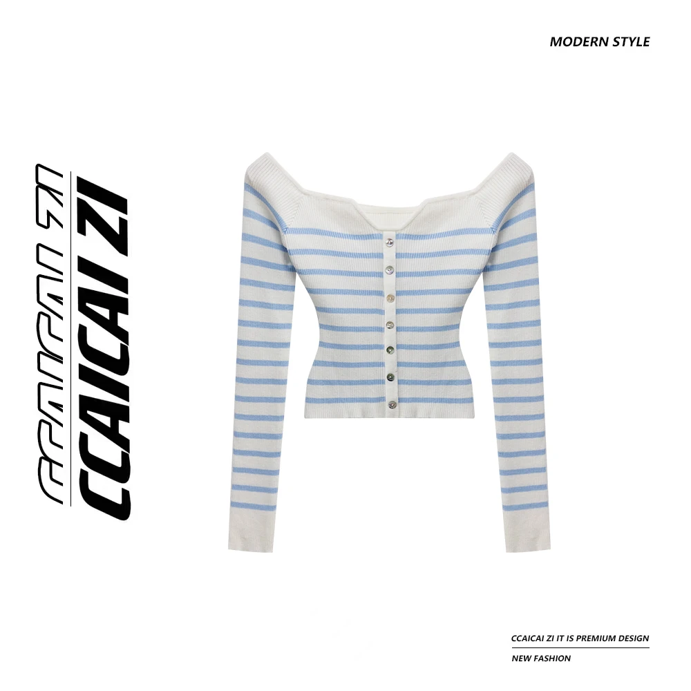 [no退no换]【海盐芝士】条纹针织一字肩修身短款打底上衣1888