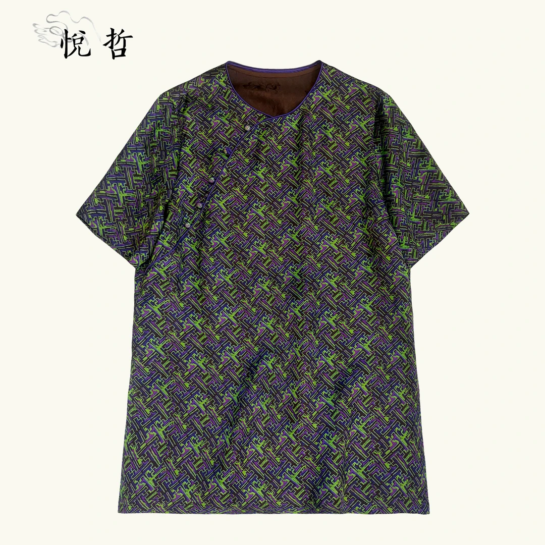 YUEZHE 夏季时尚中长款复古上衣2025斜襟圆领提花重磅中式短袖