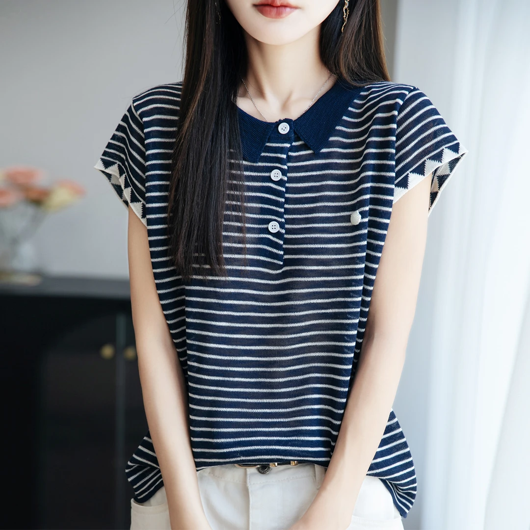微胖mm夏装大码冰丝针织衫女士短袖条纹t恤遮肚子巨显瘦翻领上衣
