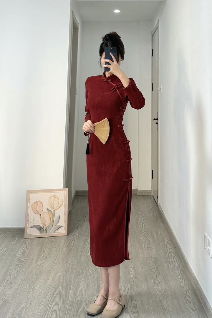 [鸿运]苏禾旗袍秋冬新款长袖单层改良款长度约120