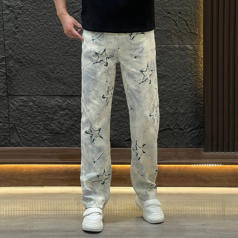 水洗做旧男士牛仔裤春秋新款个性扎染帅气直筒裤潮流时尚宽松长裤