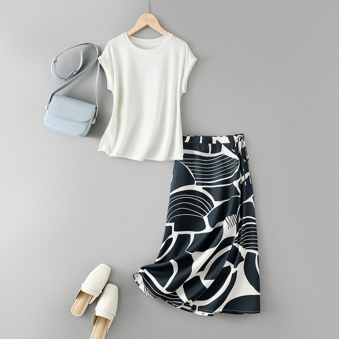 IHIMI2025年夏季新款女装知性简约圆领T恤气质印花半身裙套装6072