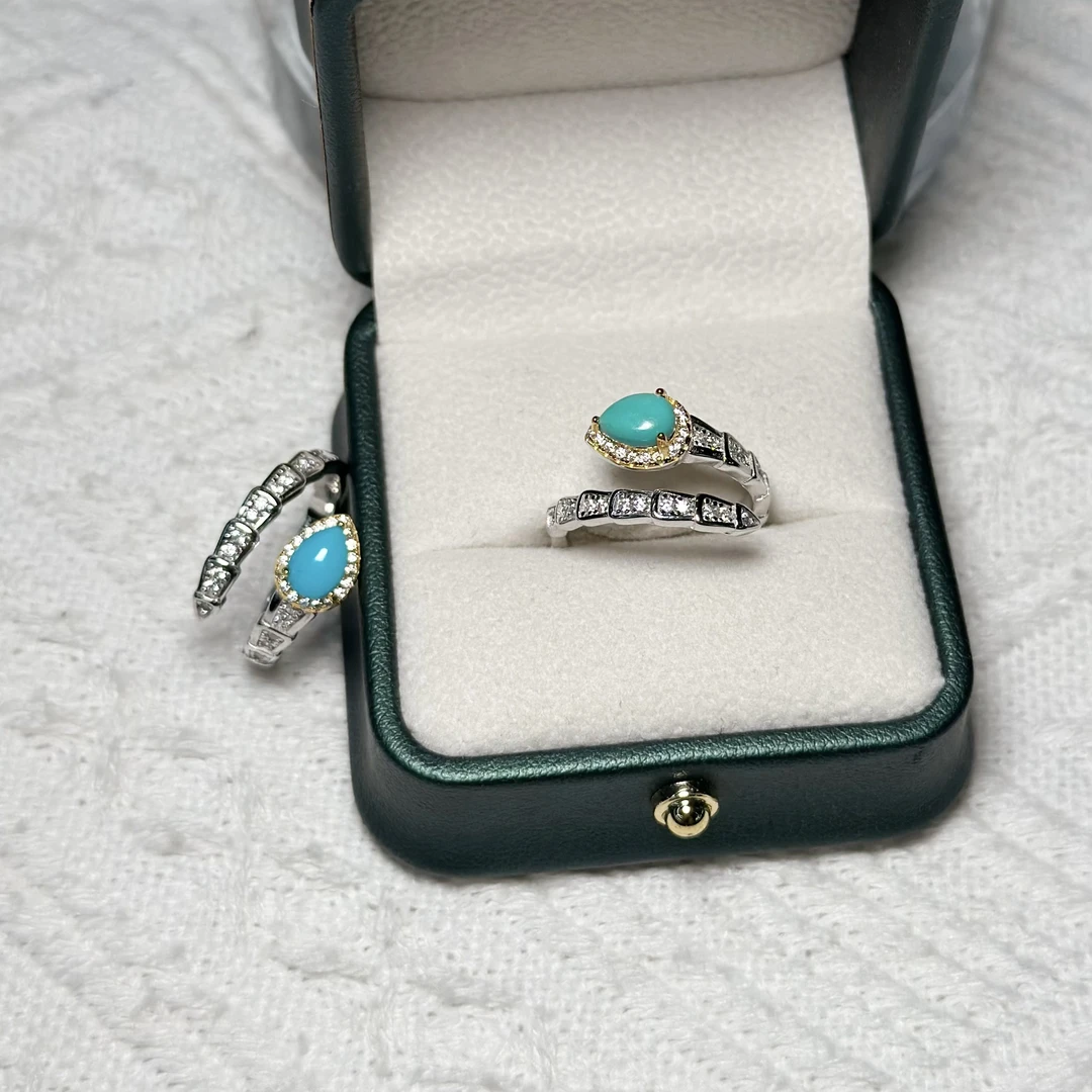 绿松石水滴型约5*7mm镶S925银蛇形戒指多样性发一