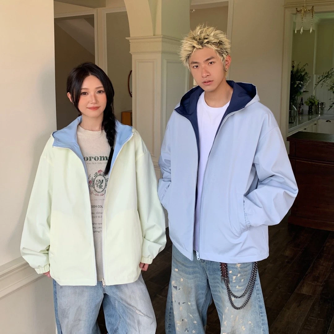 (两面穿)秋冬季新款连帽男女同款美式休闲户外宽松运动夹克冲锋衣