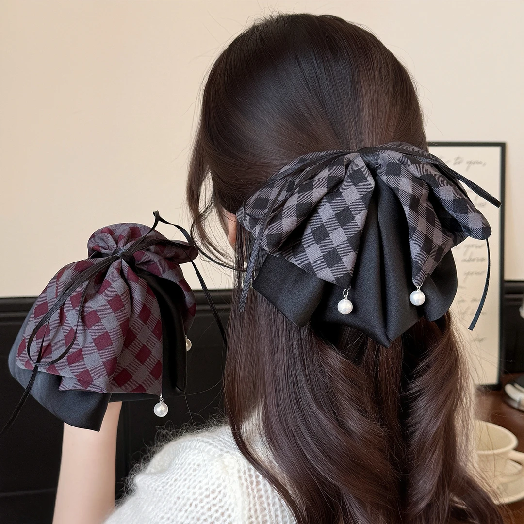 格纹双色拼接蝴蝶结飘带发夹日韩百搭布艺马尾夹网红半扎发抓夹女