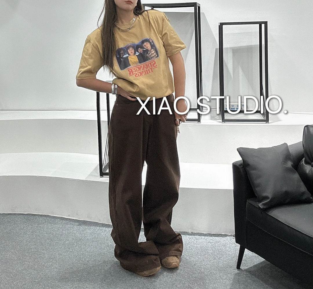 【新春上新】时尚潮流洋气百搭休闲宽松直筒显高显瘦咖色牛仔裤