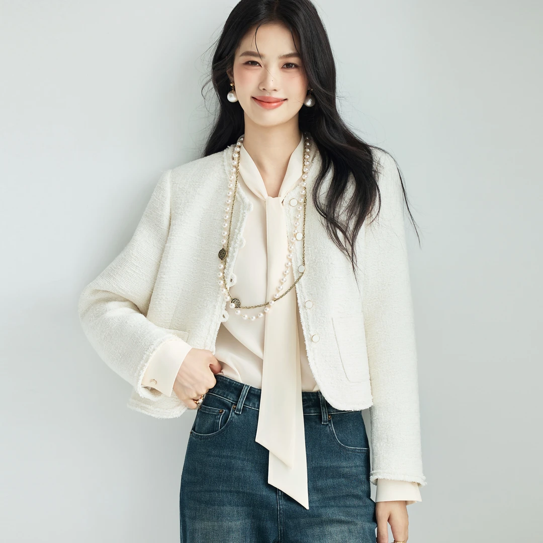 伊芙丽箱型小香风门襟不对称拉毛设计女装2025秋新款1G8911041