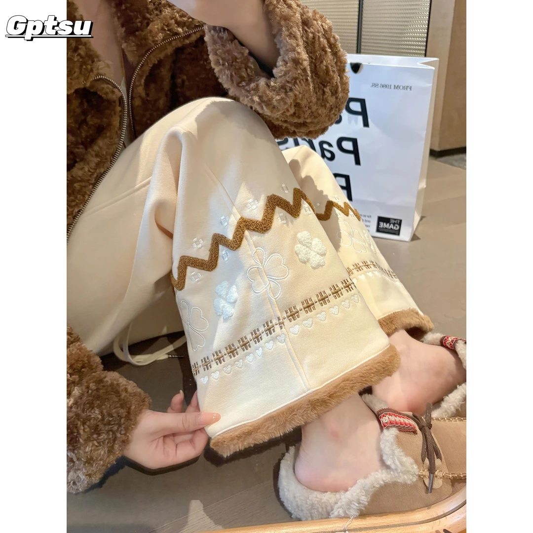GPTSu毛绒拼接刺绣裤子女2025新款爆款秋冬季重工高腰直筒阔腿裤