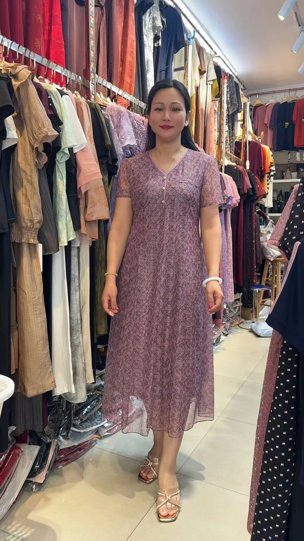 夏季透气纱质印花中长连衣裙高腰显瘦气质优雅