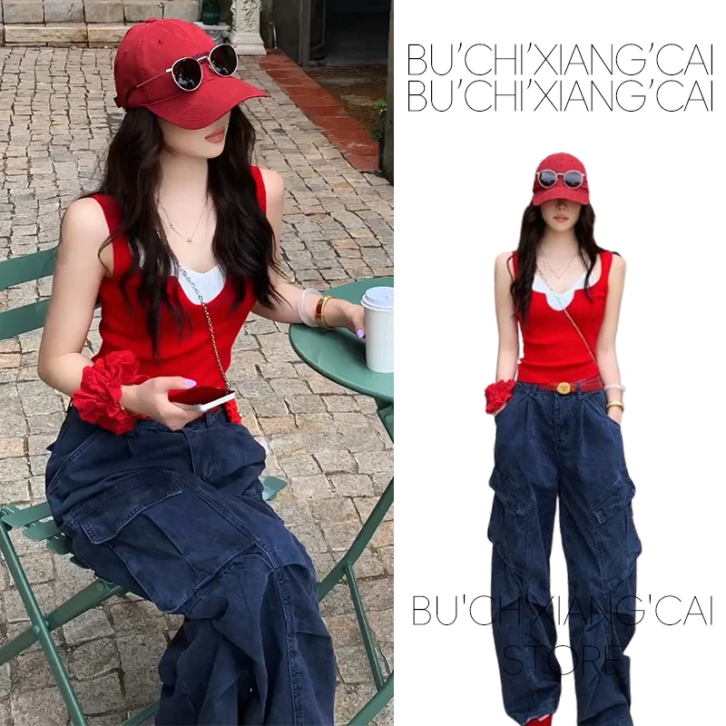 红色假两件冰丝针织吊带背心女夏季外穿独特漂亮初夏修身无袖上衣