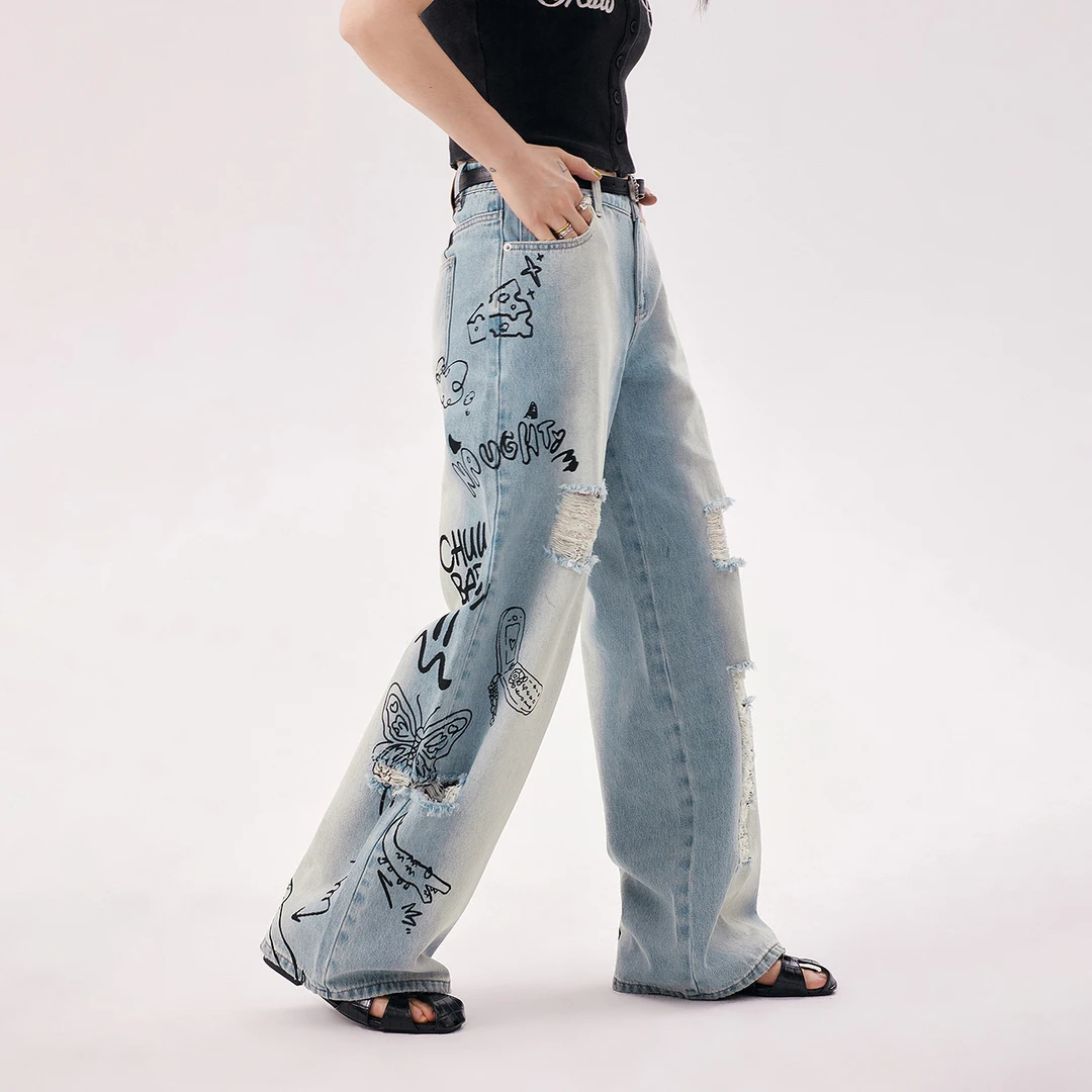 CHUU印花破洞设计水洗磨白长裤子阔腿韩系辣妹涂鸦设计牛仔裤