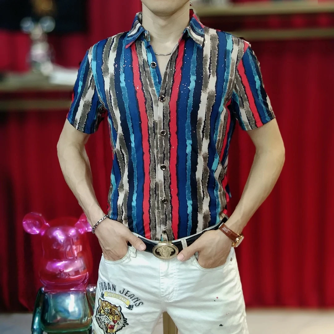 夏季新款短袖假日风时尚休闲彩色花衬衣条纹薄款轻奢英伦风复古