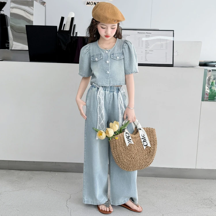 女童牛仔套装夏季2025新款洋气儿童短袖夏装女孩时髦阔腿裤两件套