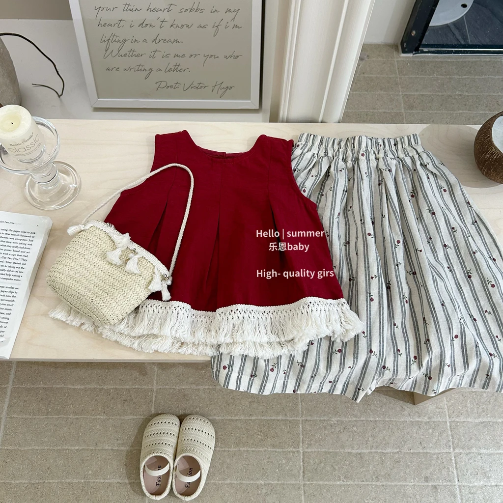【乐恩baby】女童夏季红色流苏背心竖条纹阔腿裤时髦洋气女宝宝套装