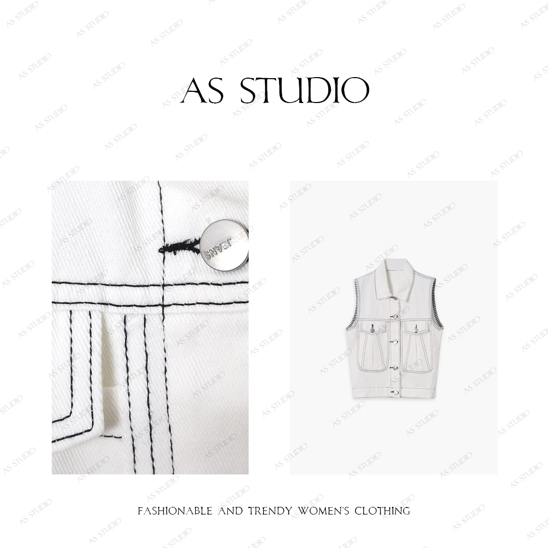 【AS白汀】25新撞色明线设计感百搭牛仔大口袋夹克马甲AS25CMJ4220