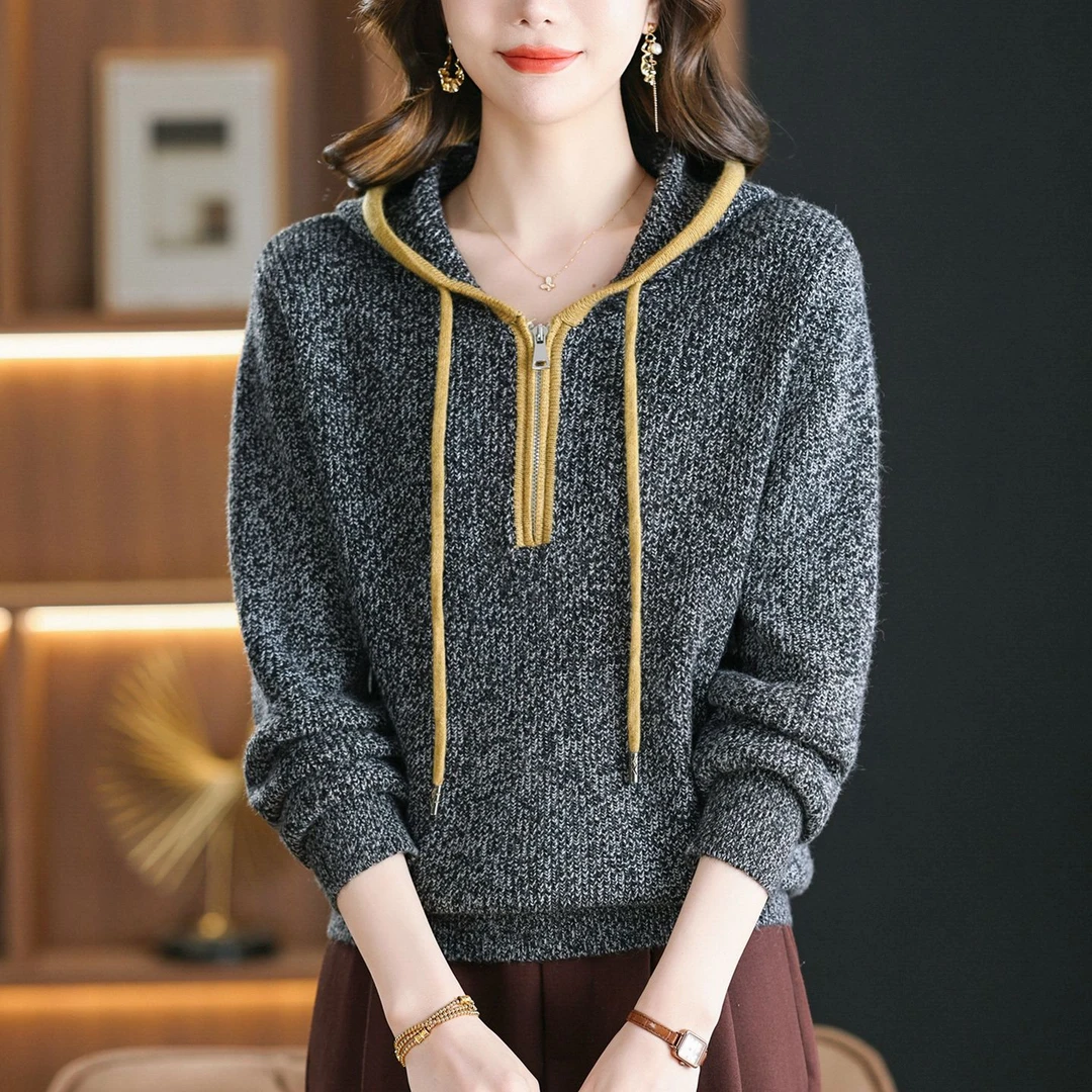 秋冬花纱撞色连帽针织卫衣女半拉链抽绳宽松复古休闲气质显瘦上衣