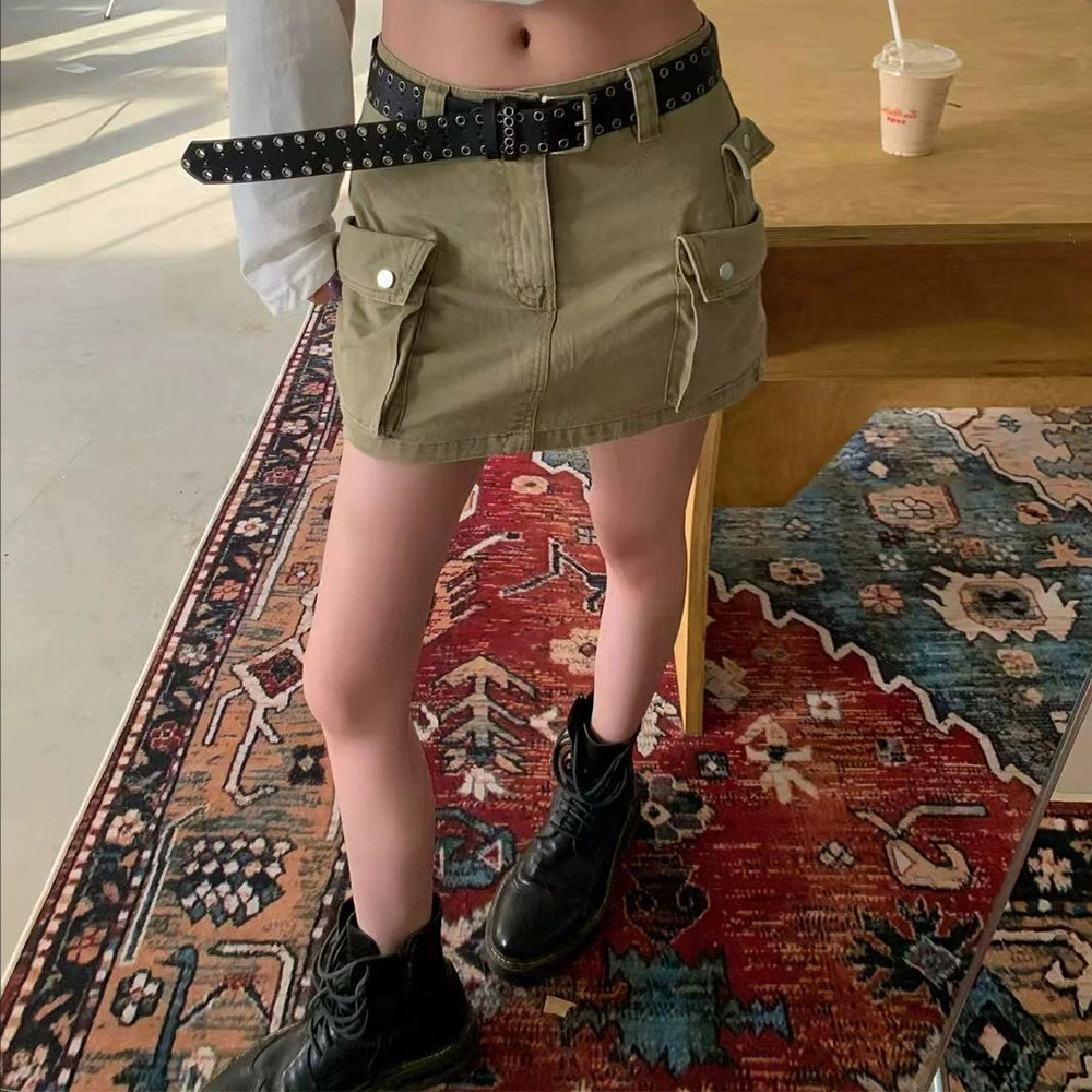 【现货】卡其色工装裙女夏季辣妹防走光牛仔短裙高腰显瘦复古半身裙