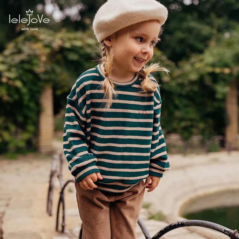 lelejove秋季儿童撞色条纹毛巾棉卫衣女宝吸湿排汗长袖5AW36300