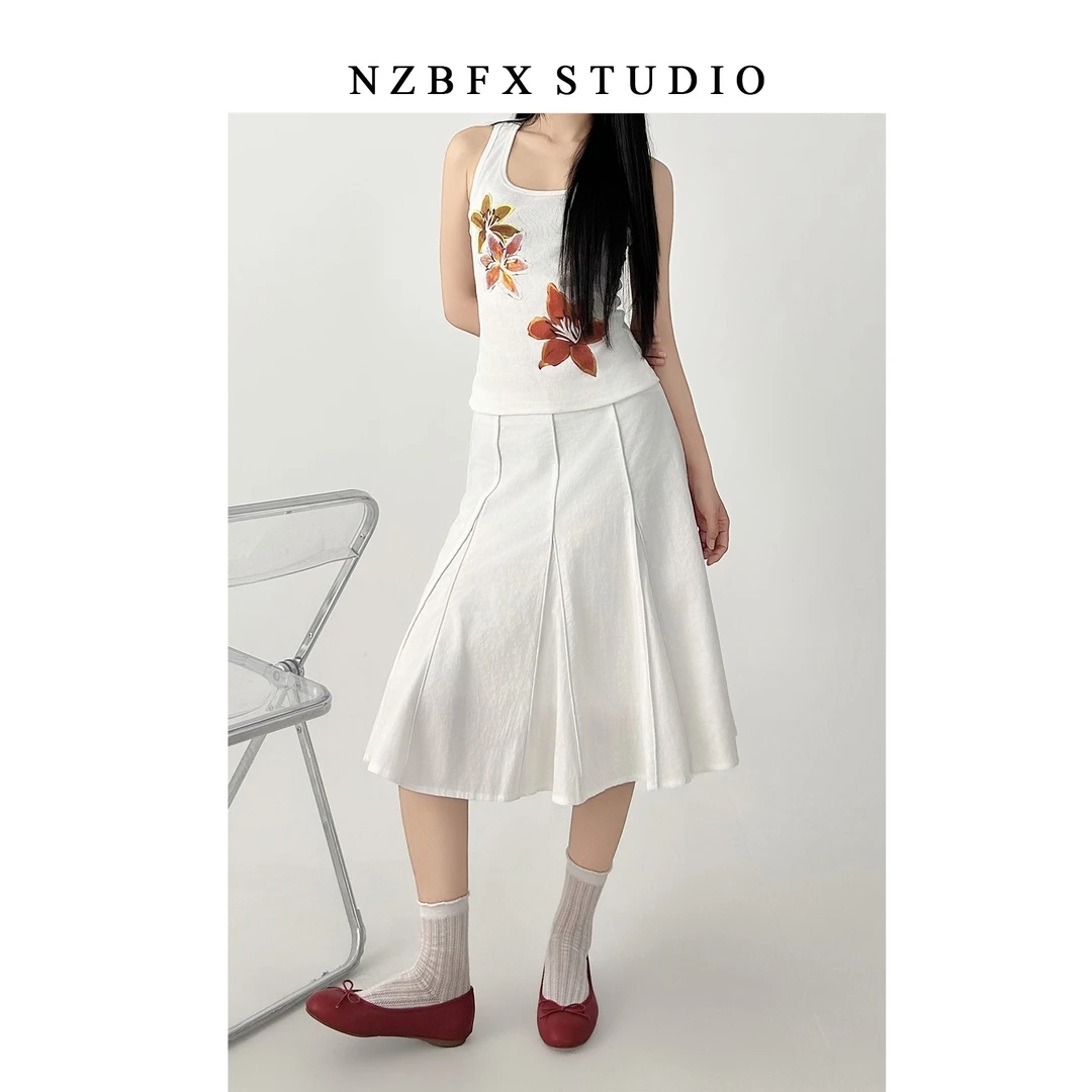 大码白色百褶鱼尾半身裙女夏季微胖mm显瘦宽松高腰a字伞裙中长裙