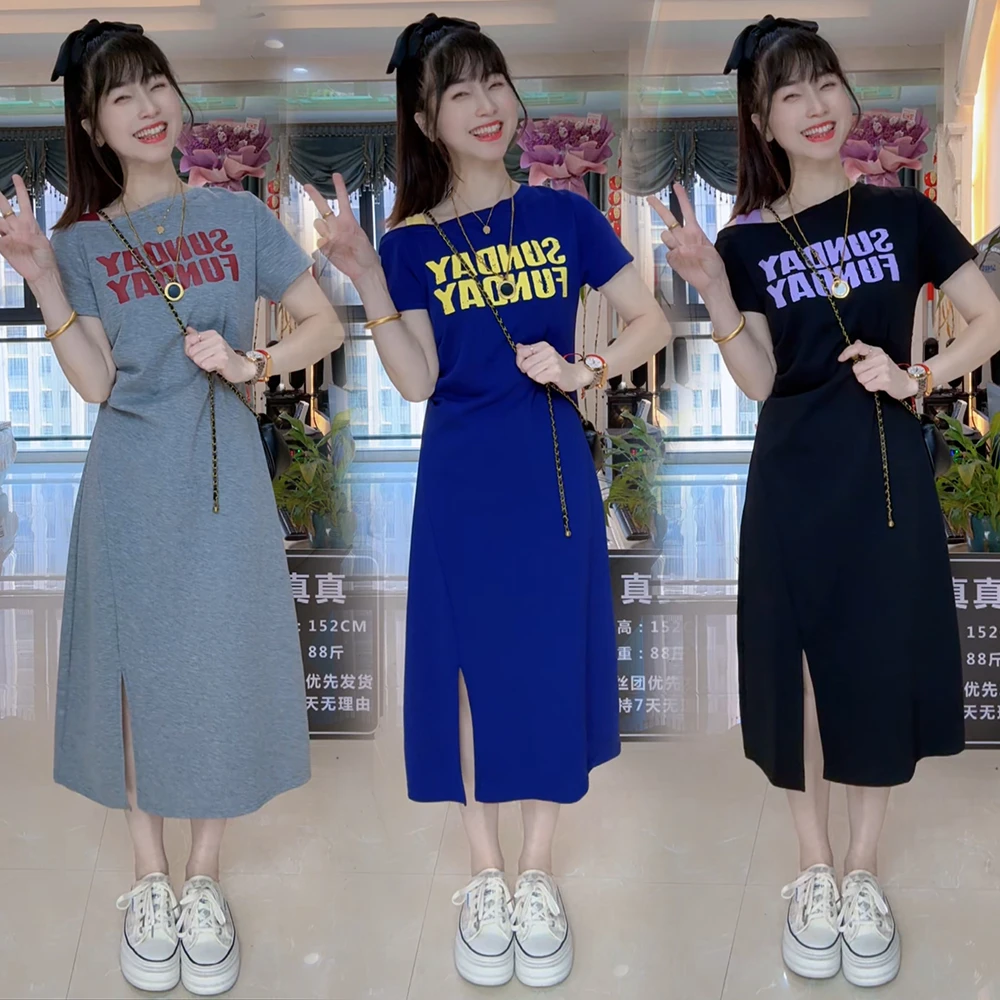 字母减龄短袖女装夏季连衣裙拼接纯色斜肩圆领轻奢