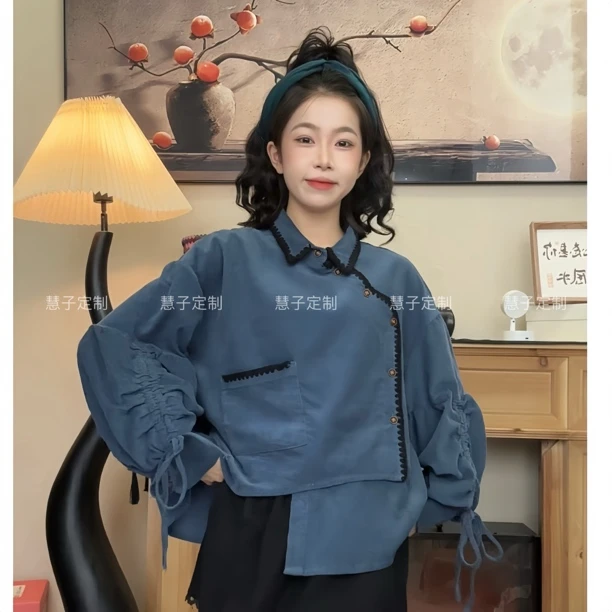 慧子“朦胧雾感” 原创雾霾蓝抽绳袖特色专机门襟秋冬小众长袖上衣