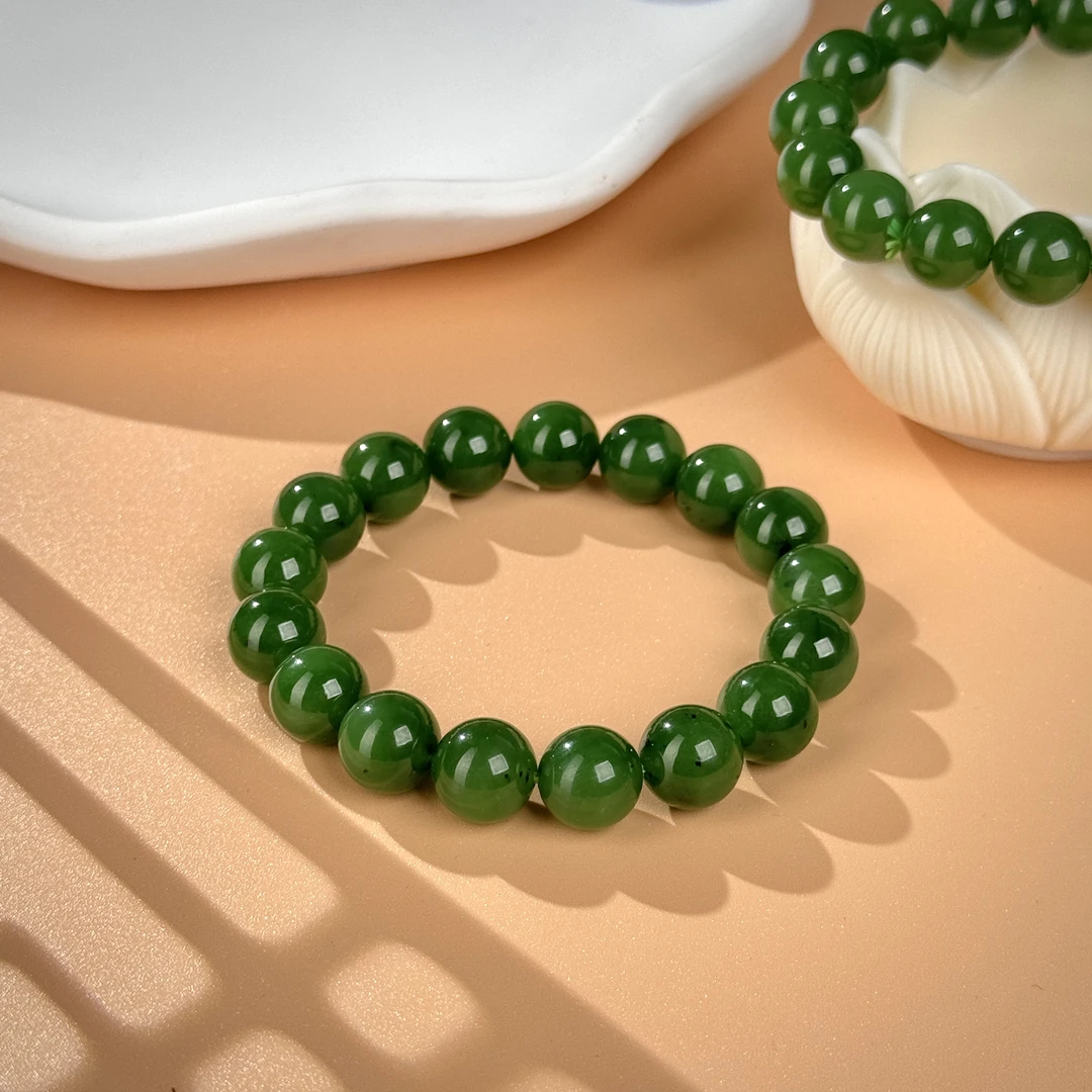 约12mm和田玉碧玉辣阳绿单圈手串多样性发一