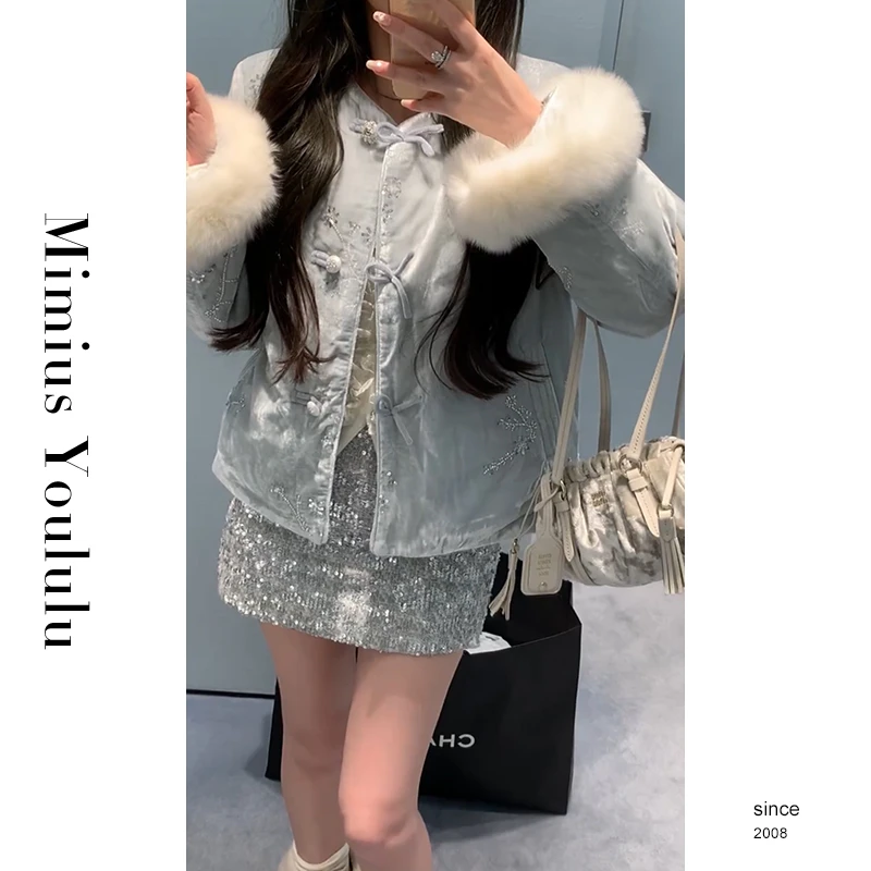 【mimius】喵喵 踏雪寻梅精致毛毛拼接新中式盘扣外套汉服F12137