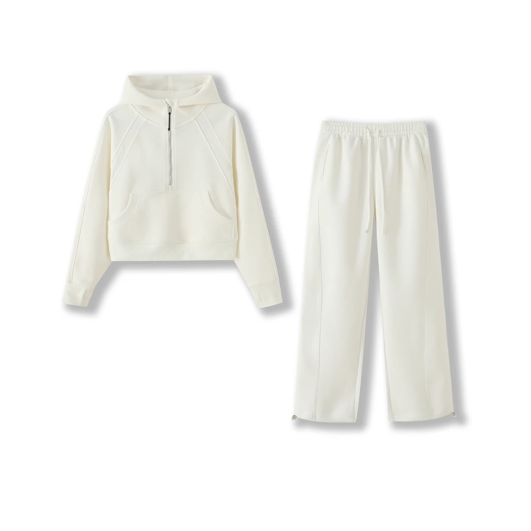 女士春季新款重工拼接半拉链连帽长袖卫衣阔腿卫裤套装8158