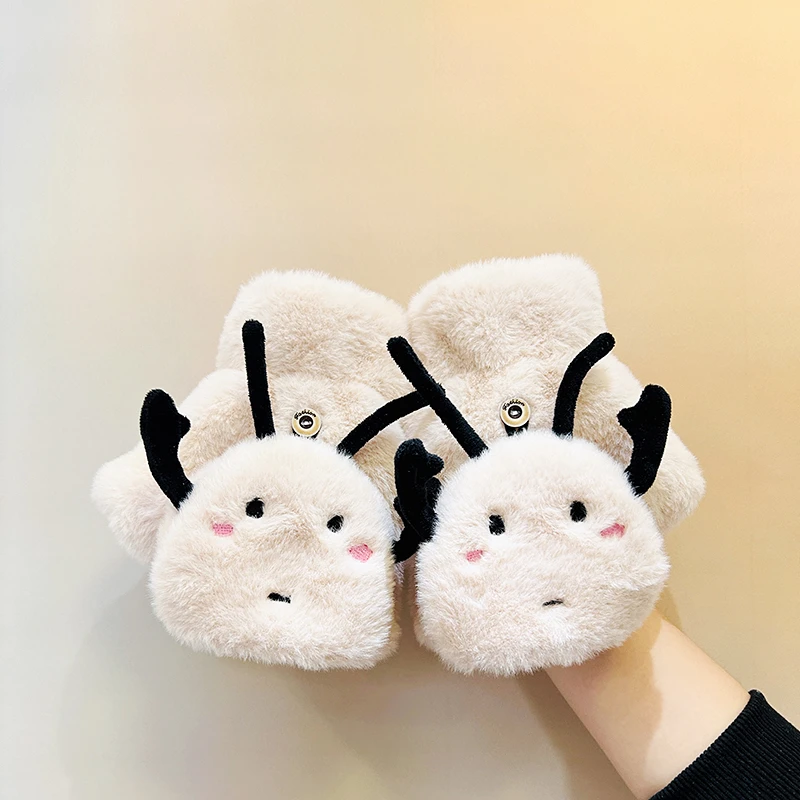 可爱卡通半指翻盖毛绒手套女生冬季露指卡通加绒保暖学生骑行防寒