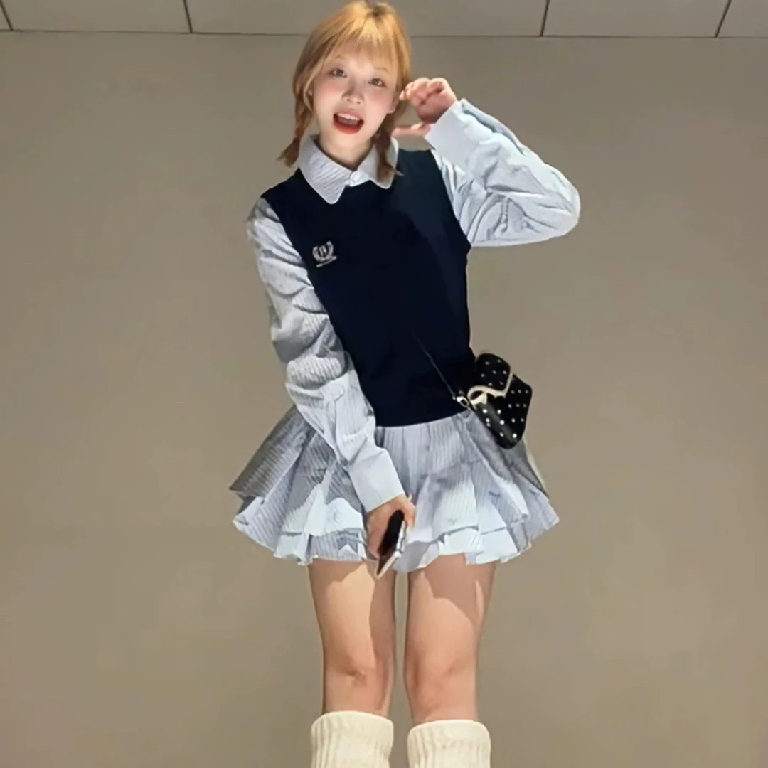 无袖刺绣马甲叠穿衬衫裙两件套2025秋季学院风收腰减龄显瘦套装