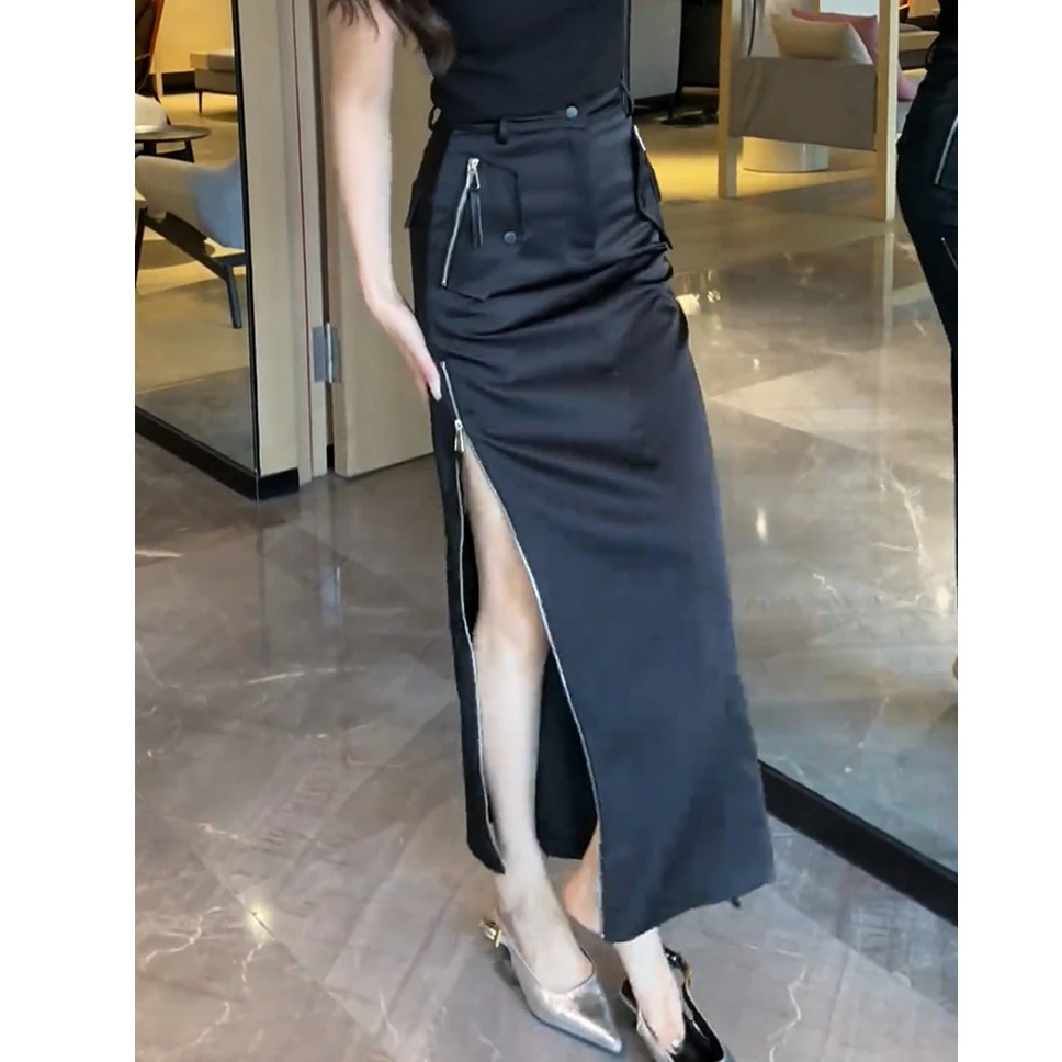 美式辣妹风开叉半身裙女2025年夏季新款重工设计感通勤包臀工装裙