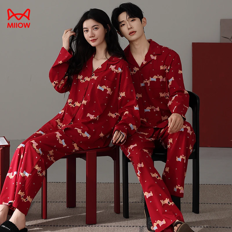 MiiOW/猫人本命年红色秋季男女睡衣纯棉喜事新人情侣家居服质感