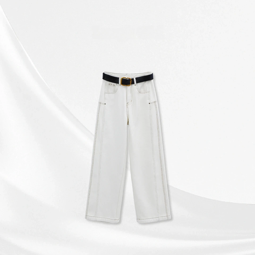 【奶油牛仔】加绒明线直筒牛仔裤