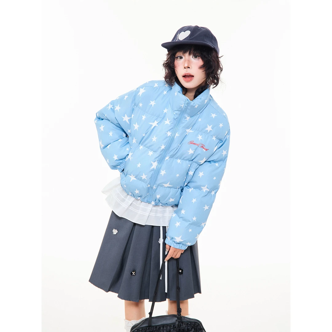 MIKYO 美式复古星星满印立领棉服女冬季小个子宽松休闲棉衣外套潮