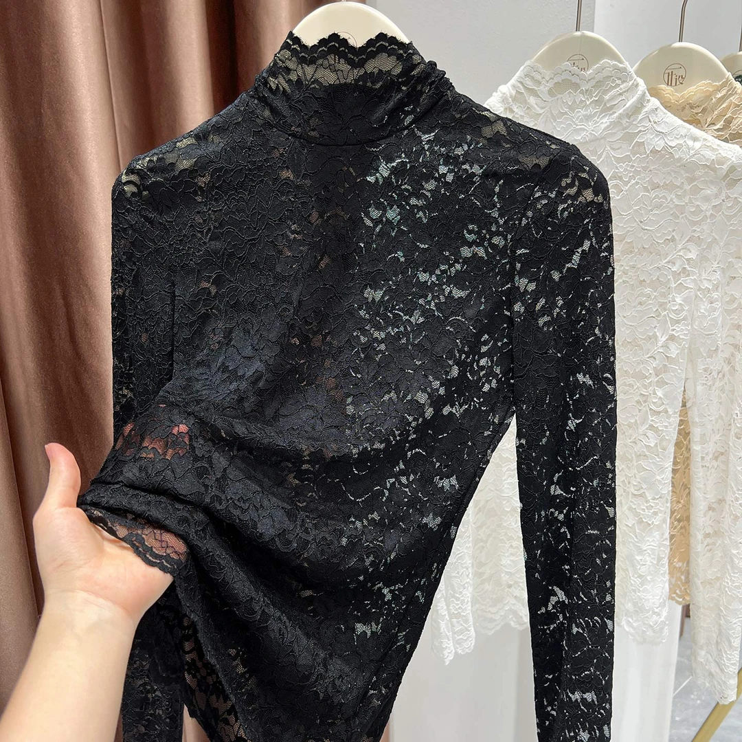 黑色半高领长袖蕾丝衫2025新款气质内搭修身显瘦打底衫洋气上衣女