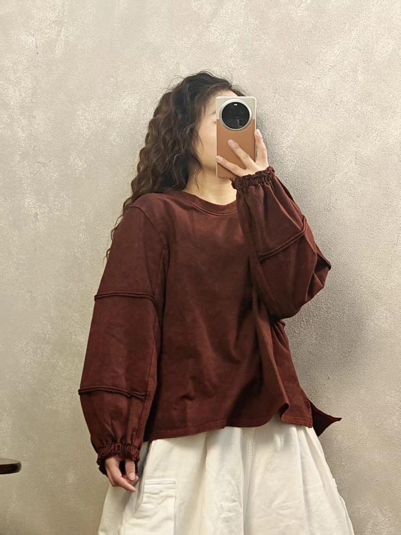 春季新款磨毛棉质加绒泡泡袖卫衣前62后65