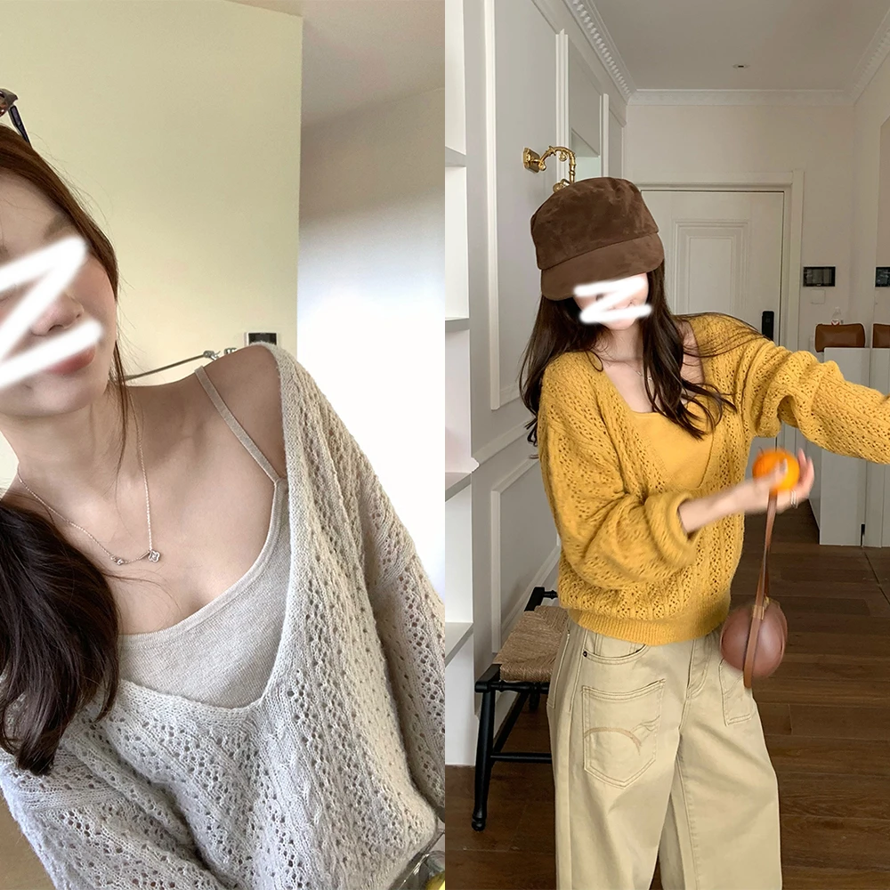 首尔假期~镂空绞花秋装韩风chic慵懒风罩衫/吊带两件套装