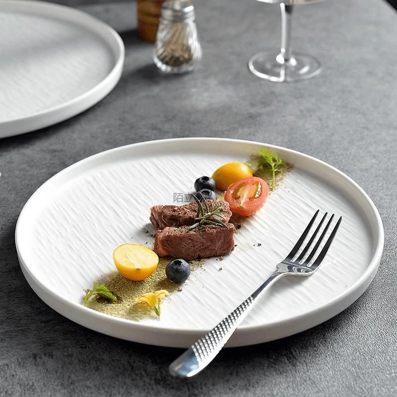 好品款石纹亮光陶瓷高边西餐盘日式商用牛扒盘牛排盘圆形意境摆盘