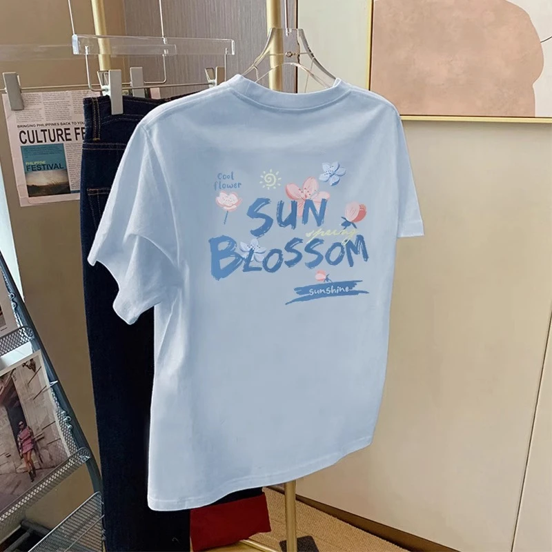 2025夏季新款宽松百搭正肩蓝色短袖t恤女小个子洋气减龄上衣